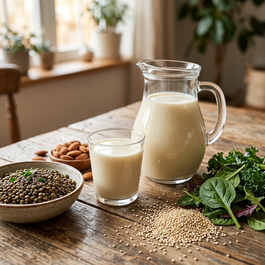 A glass pitcher and cup of silken soy milk surrounded by lentils, almonds, quinoa, and leafy greens on a wooden table.