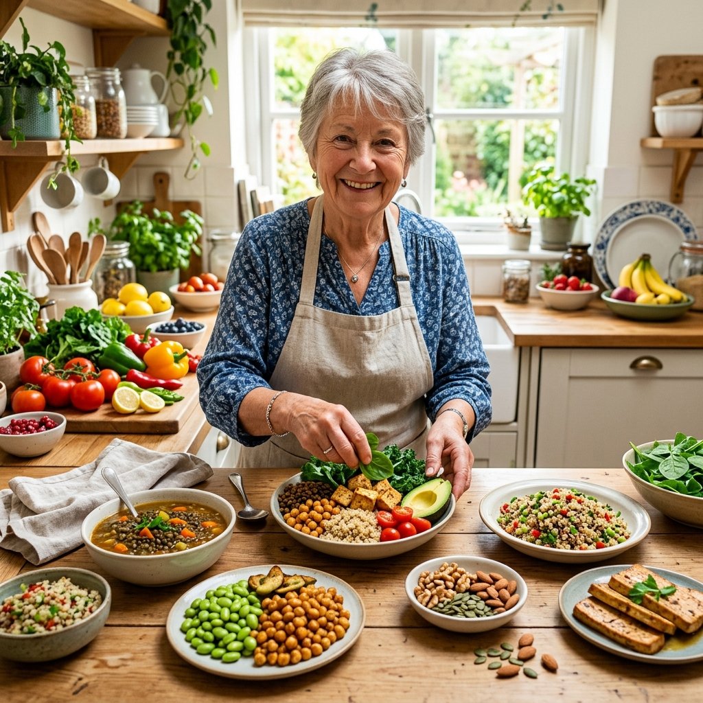 An elderly person preparing a colorful meal with various plant-based protein foods like lentils, tofu, and vegetables in a bright kitchen.