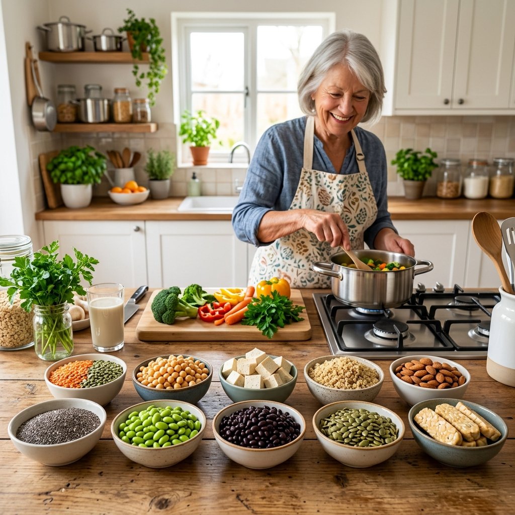 An elderly person preparing a meal in a kitchen with various bowls of vegan high-protein foods like lentils, tofu, and quinoa arranged on the counter.