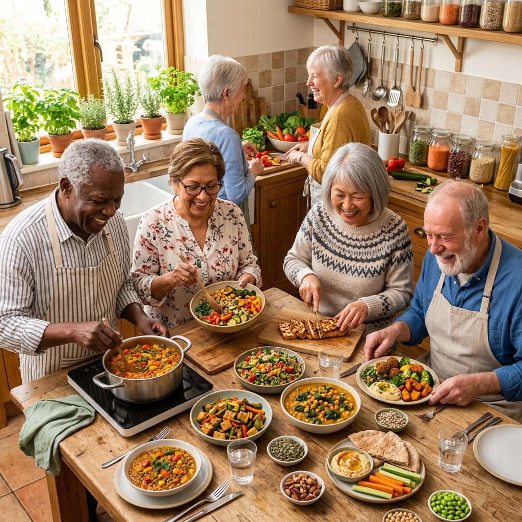 Elderly people preparing and enjoying a variety of colorful vegan meals at a kitchen table.