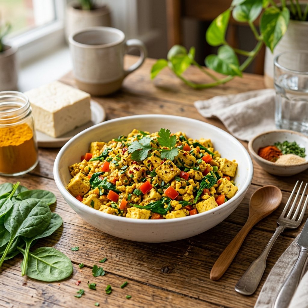 A bowl of tofu scramble with spinach and red bell peppers on a wooden table, surrounded by fresh ingredients.