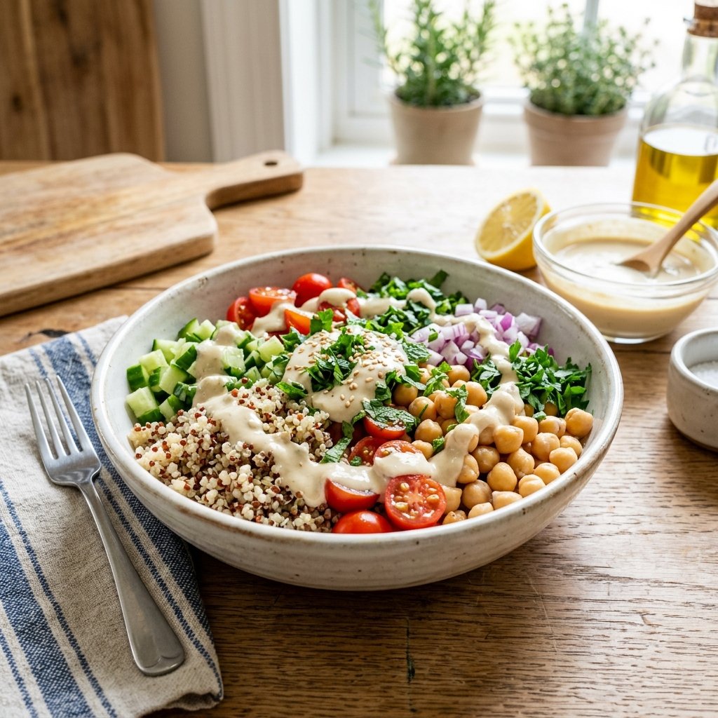 A bowl of chickpea and quinoa salad with lemon-tahini dressing, surrounded by fresh ingredients on a kitchen table.