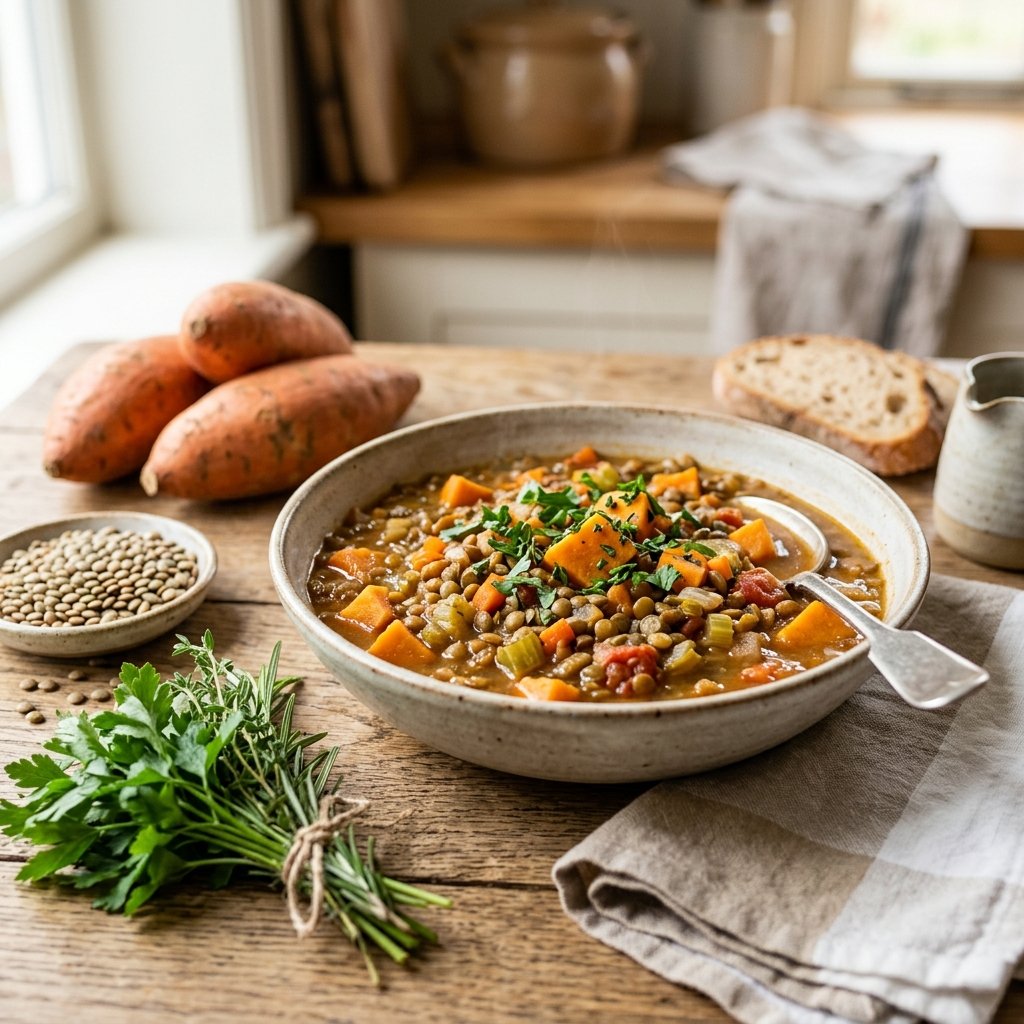 A bowl of lentil and sweet potato stew garnished with fresh herbs on a wooden table with fresh ingredients around it.