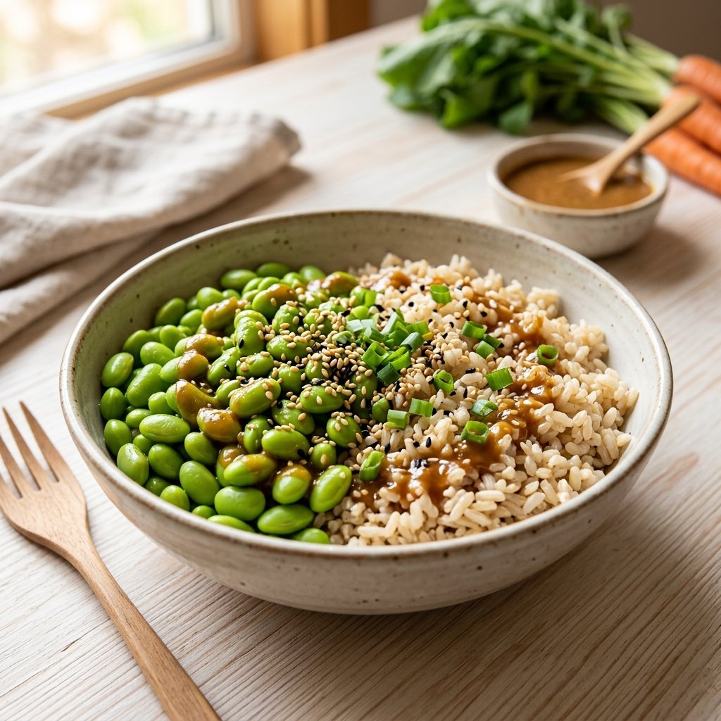 A bowl of brown rice and edamame topped with sesame-ginger sauce and garnished with sesame seeds and green onions on a wooden table.