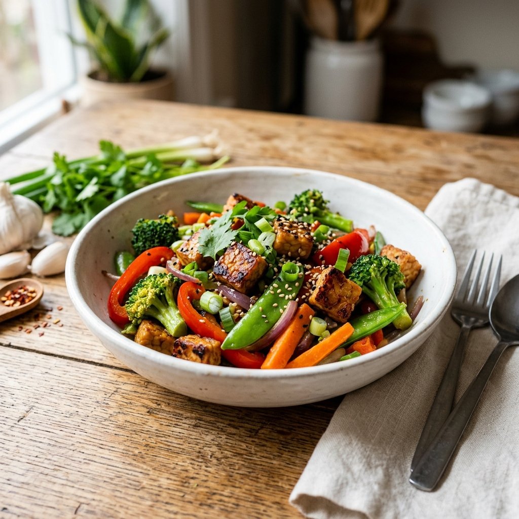 A bowl of tempeh and vegetable stir-fry with garlic sauce on a wooden table.