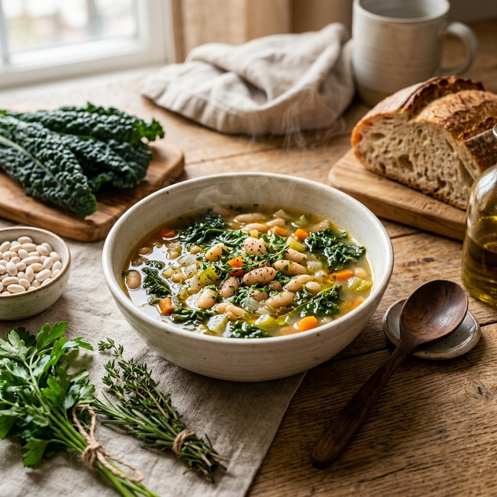 A bowl of white bean and kale soup garnished with fresh herbs on a wooden table with fresh ingredients around it.