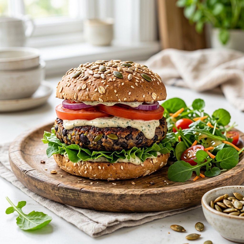A close-up of a black bean and pumpkin seed burger with lettuce and tomato on a whole grain bun, served with mixed greens and pumpkin seeds on a wooden plate.