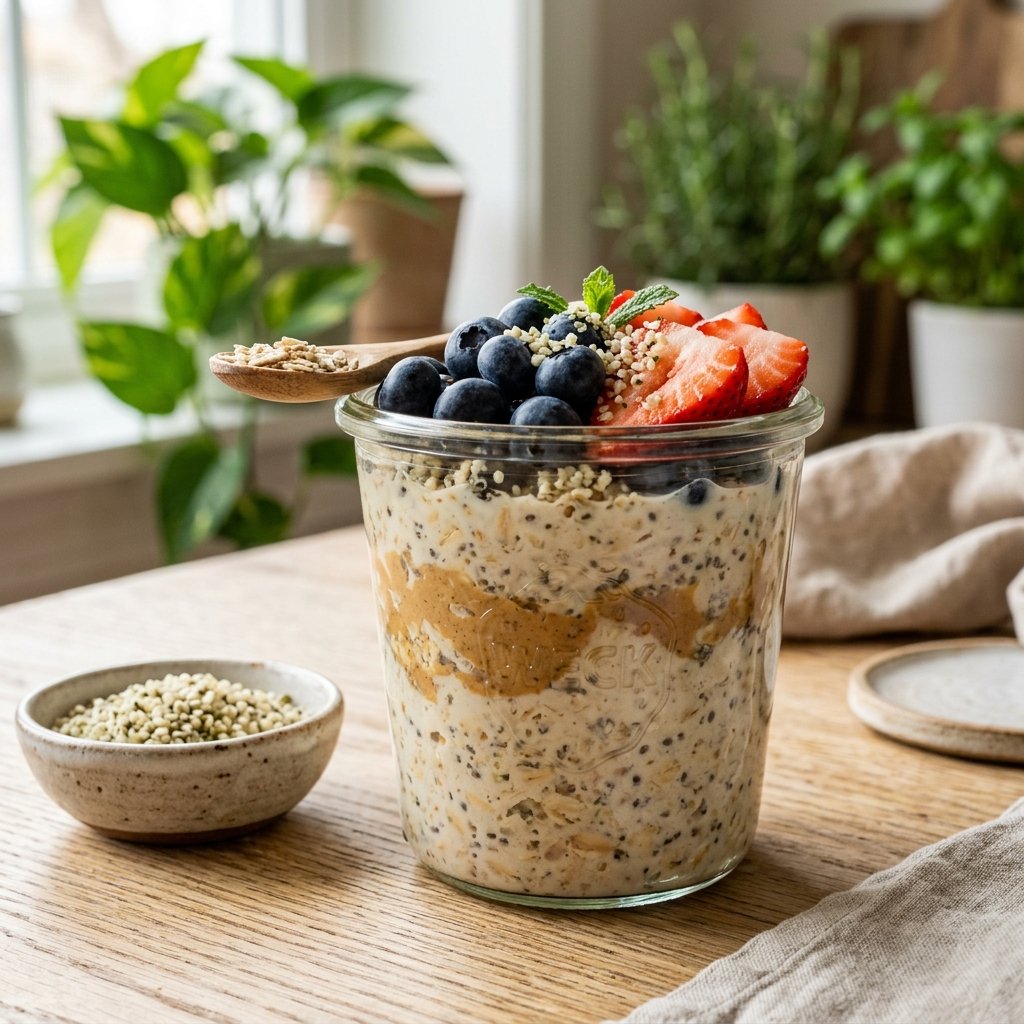 A glass jar filled with peanut butter and hemp seed overnight oats topped with fresh berries on a wooden table with a spoon and a small bowl of hemp seeds nearby.