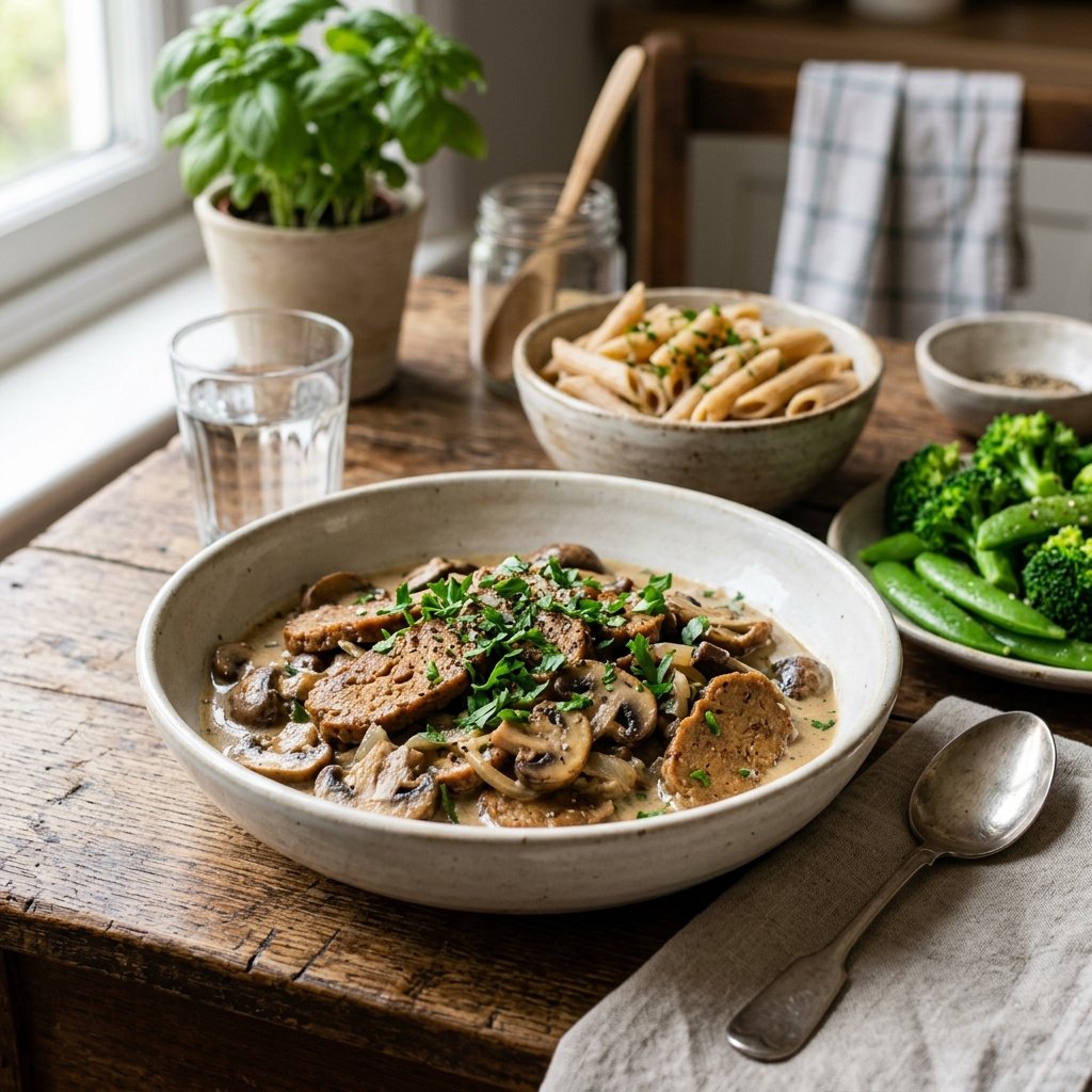 A bowl of seitan and mushroom stroganoff garnished with parsley, served with green vegetables and whole grain pasta on a wooden table.