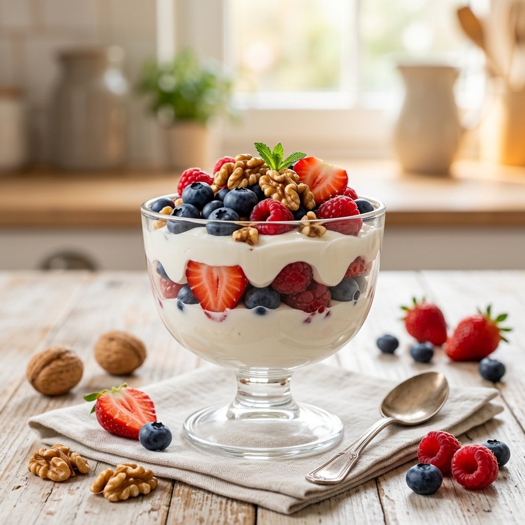 A glass bowl of vegan yogurt parfait layered with mixed berries and topped with walnuts on a kitchen table.