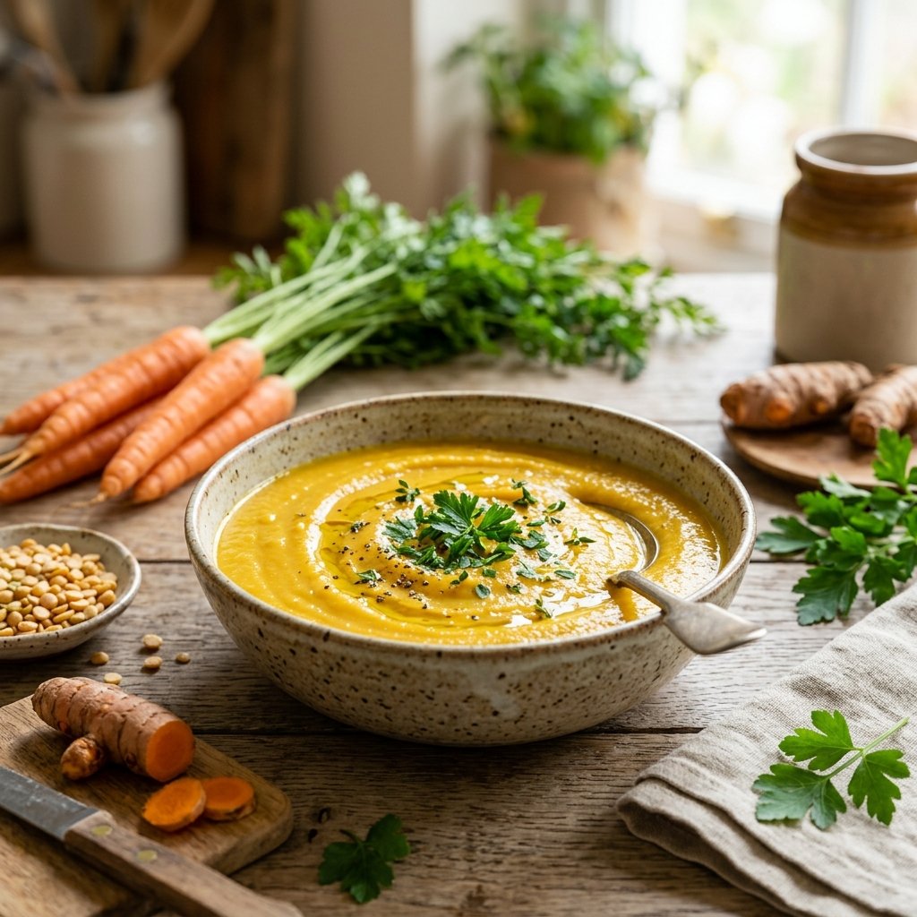 A bowl of split pea and carrot puree with turmeric on a wooden table, surrounded by fresh carrots, split peas, and turmeric root.