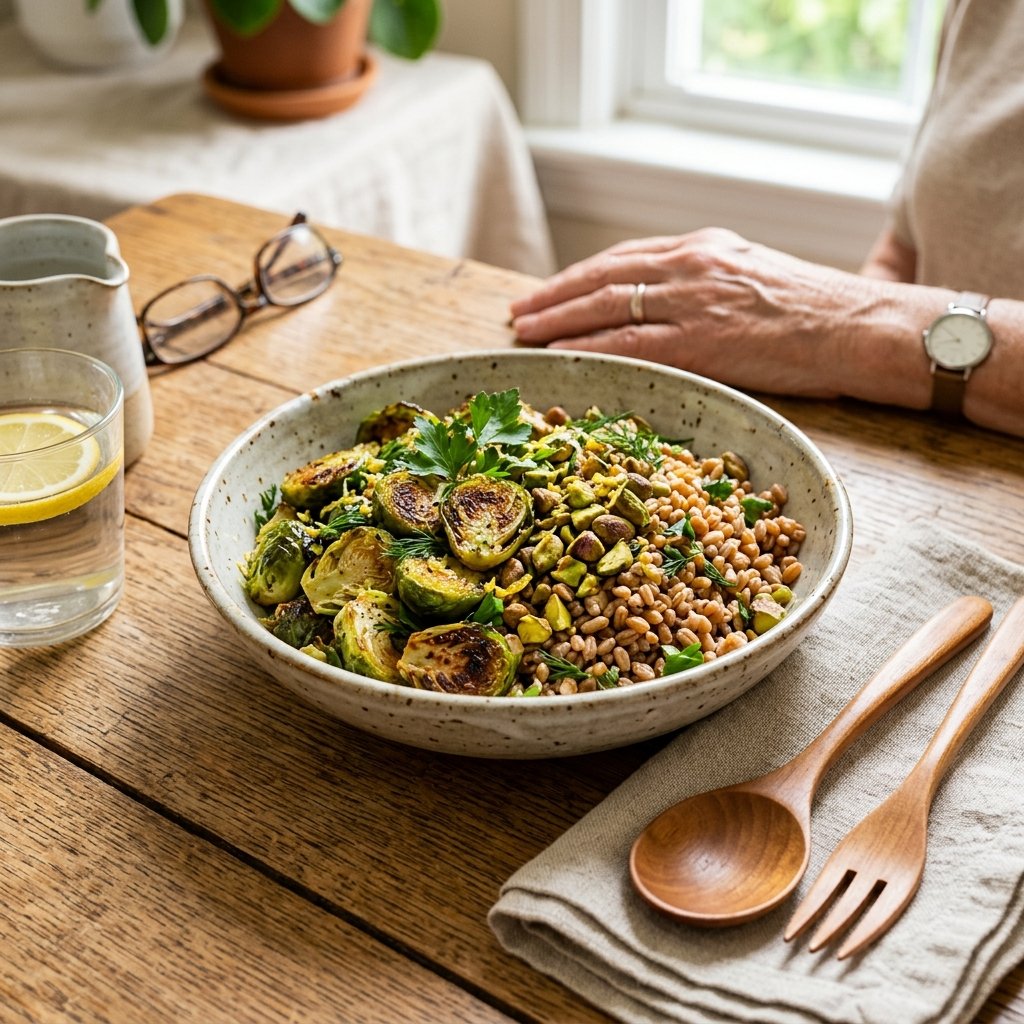 A bowl of roasted Brussels sprouts with pistachios and farro on a wooden table, garnished with fresh herbs.