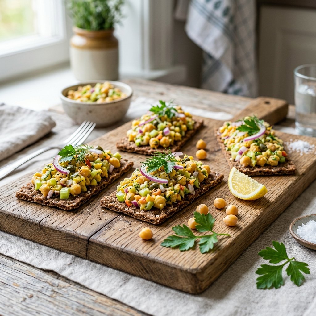 A plate with whole-grain crispbreads topped with vegan chickpea salad, garnished with lemon wedges and fresh herbs on a wooden board.
