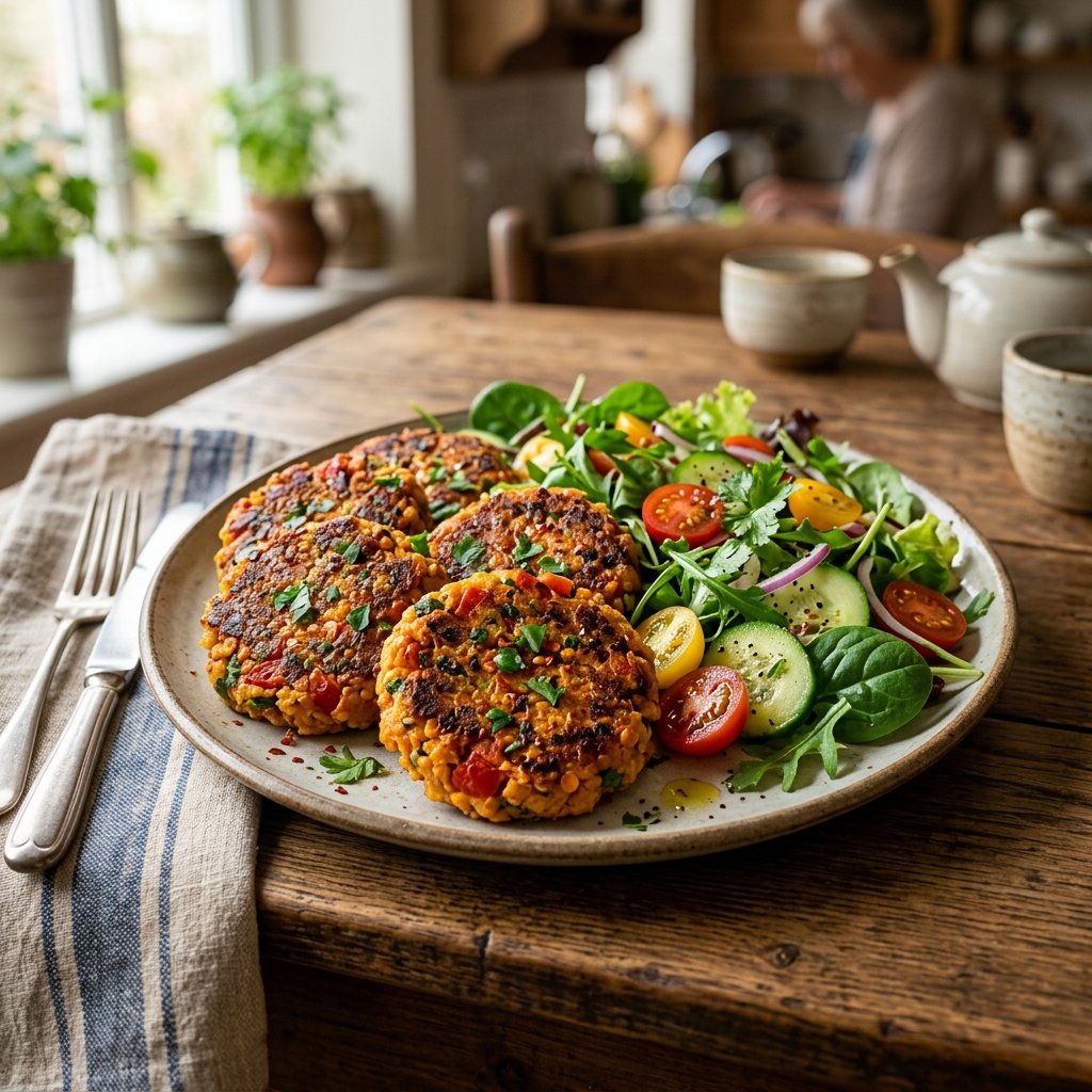 A plate of smoky red lentil and tomato patties served with fresh salad and cherry tomatoes on a wooden table.
