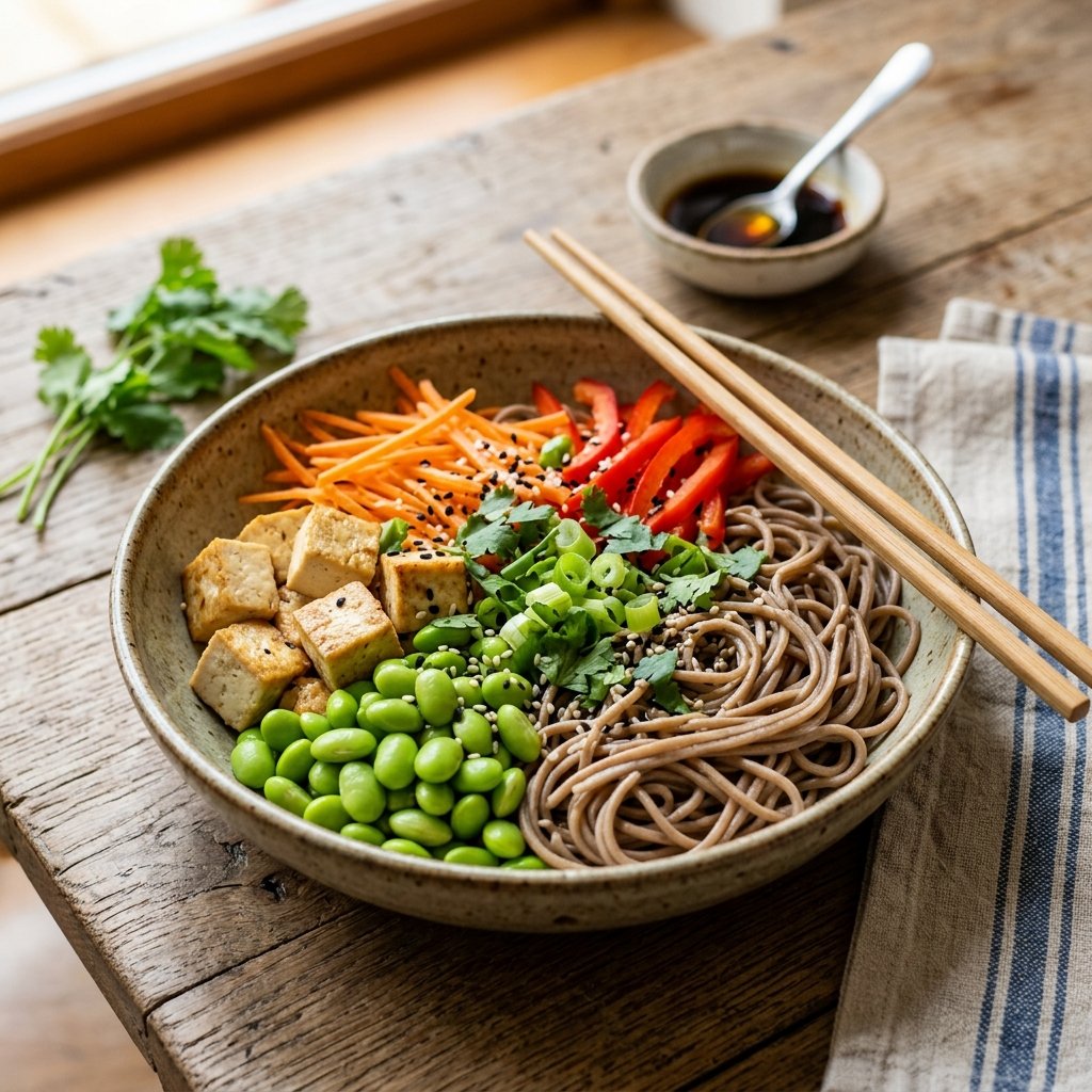 A bowl of soba noodle salad with tofu, edamame, shredded carrots, and scallions on a wooden table with chopsticks and a small dish of soy sauce in the background.