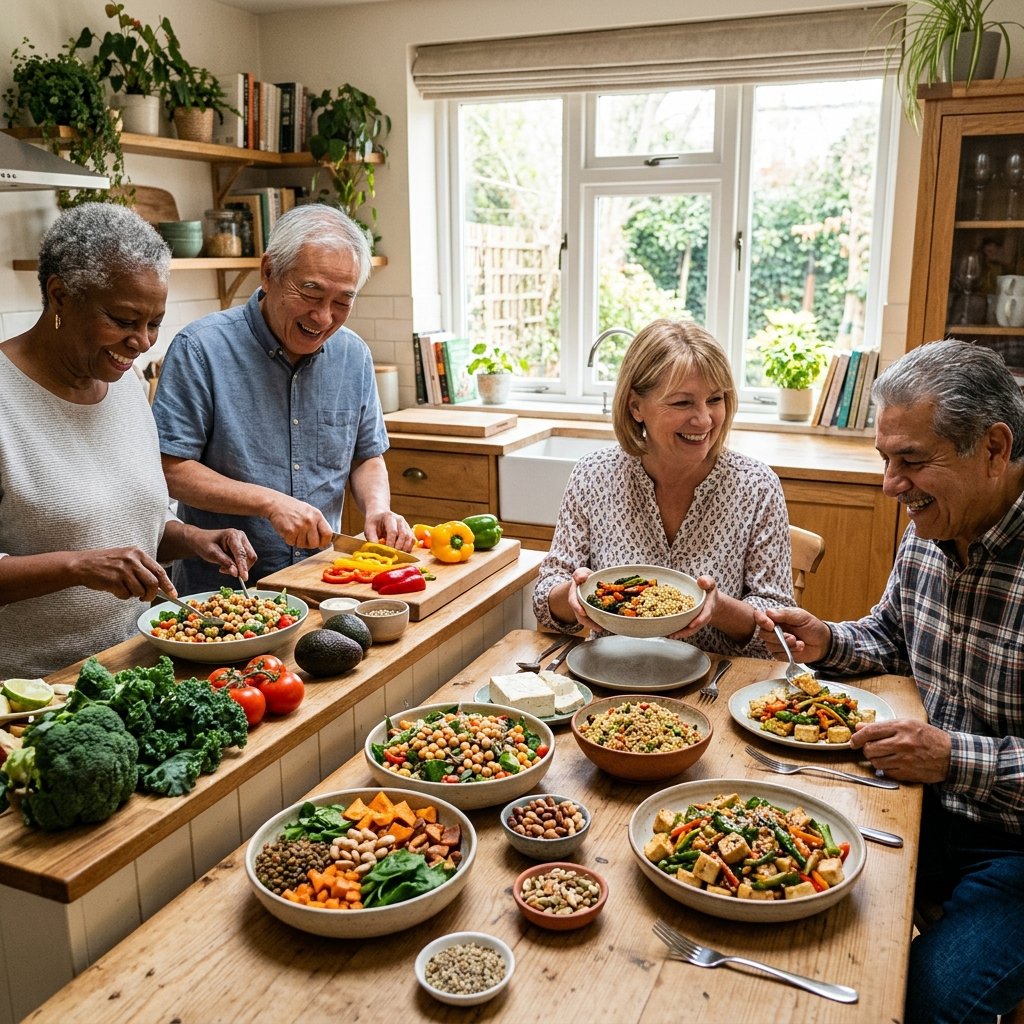A group of seniors preparing and enjoying a variety of colorful vegan dishes made with plant-based proteins in a bright kitchen.