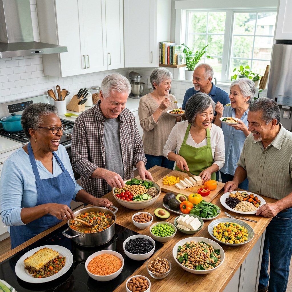 A group of seniors preparing and enjoying colorful vegan meals together in a bright kitchen.