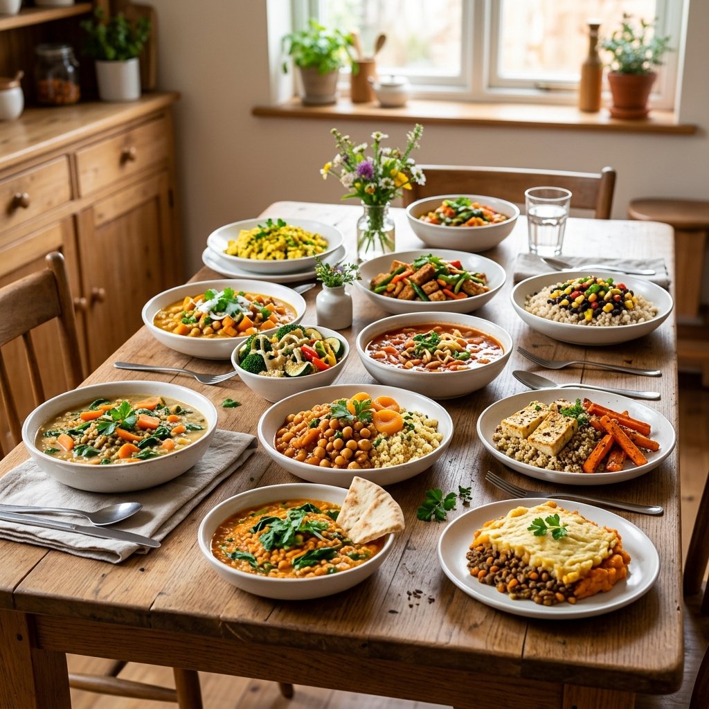 A table displaying twelve colorful vegan meals with vegetables, legumes, and grains, arranged in bowls and plates in a bright kitchen setting.