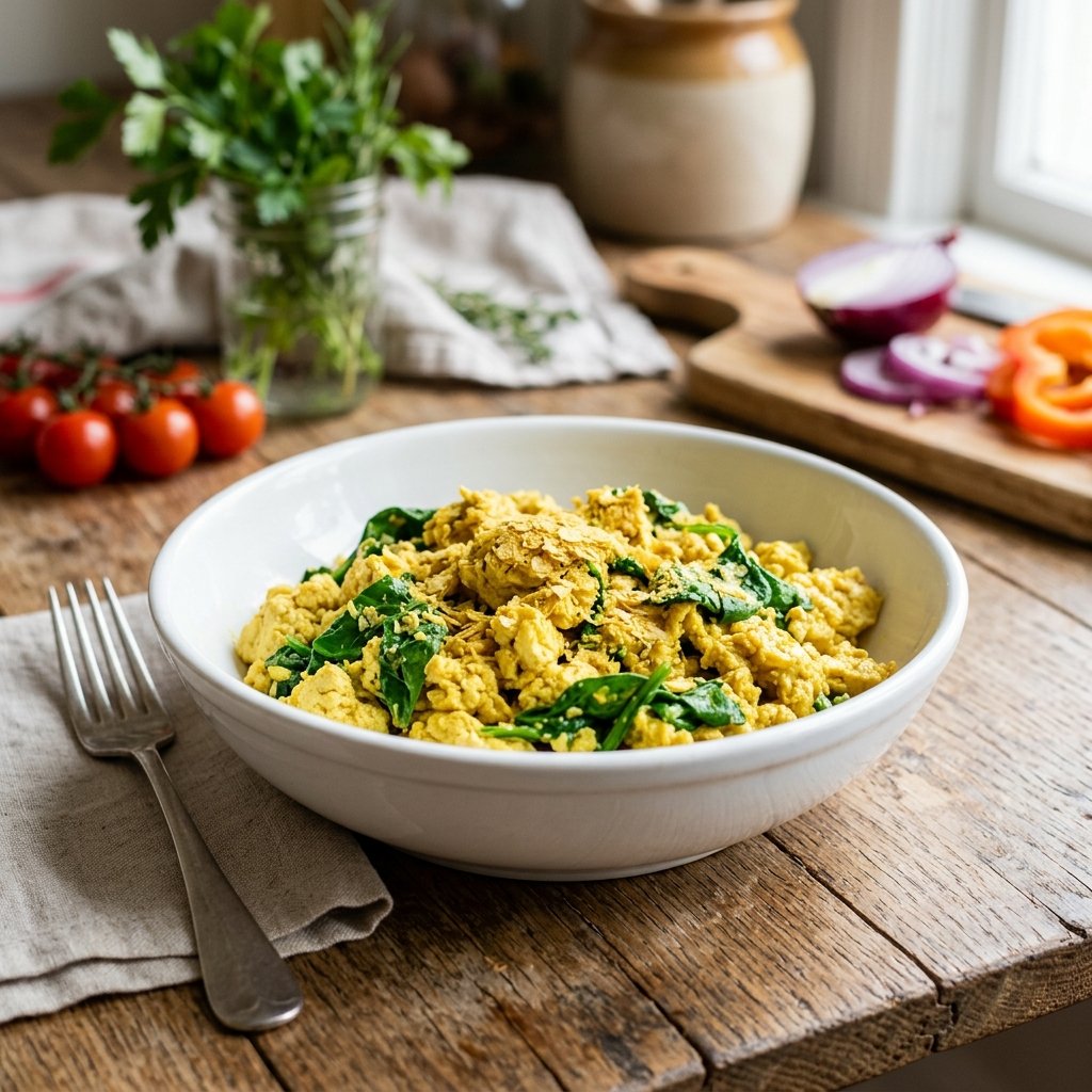A bowl of silken tofu scramble with spinach and nutritional yeast on a wooden table.