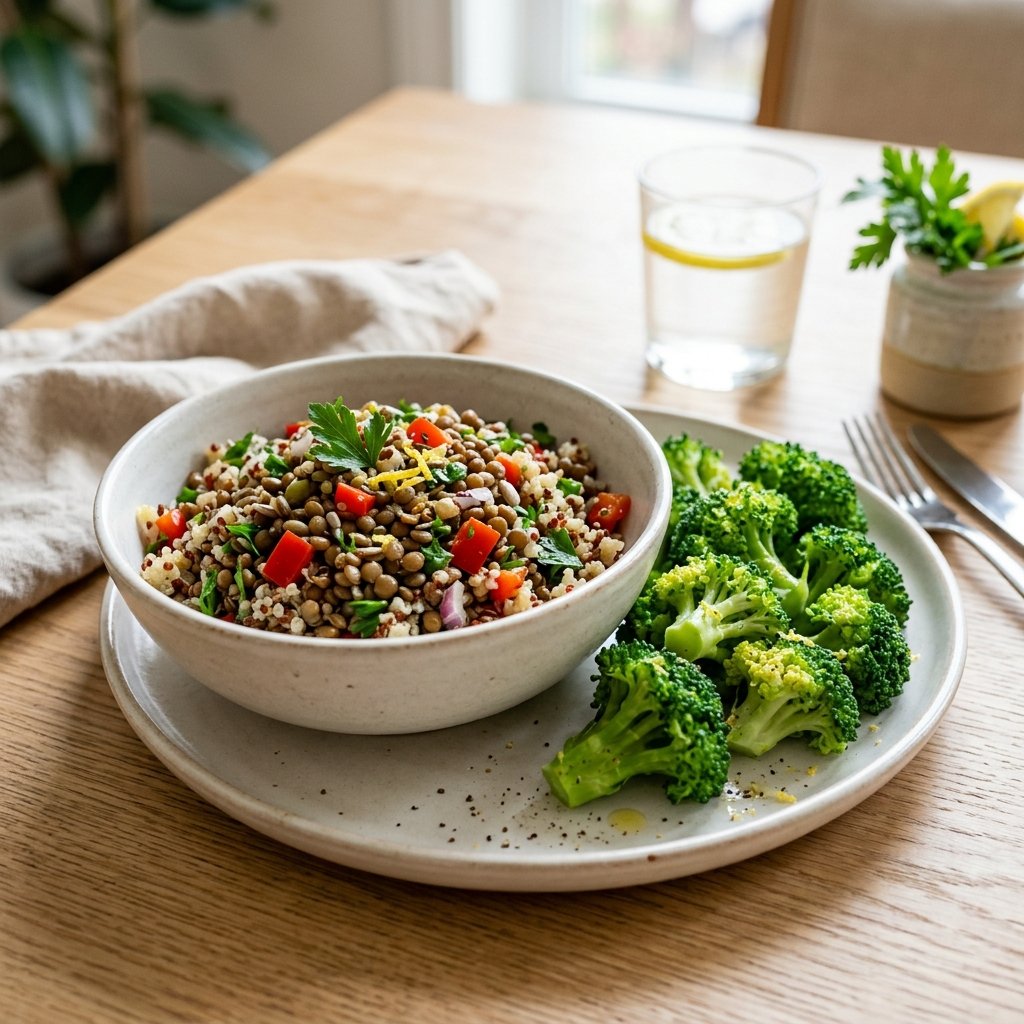 A plate with lentil and quinoa salad and steamed broccoli on a wooden table.