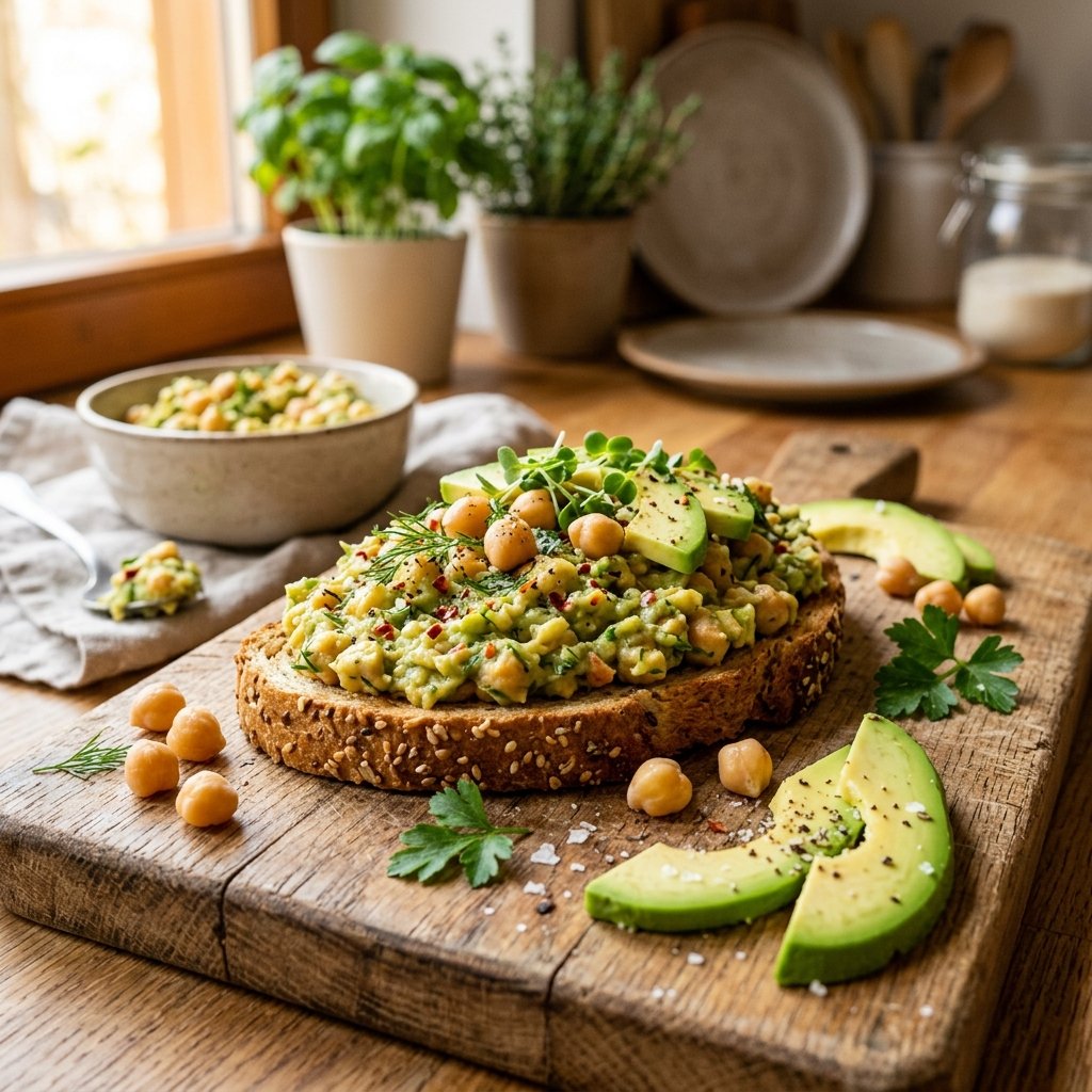 Chickpea and avocado mash spread on whole-grain toast on a wooden board with chickpeas and avocado slices around it.
