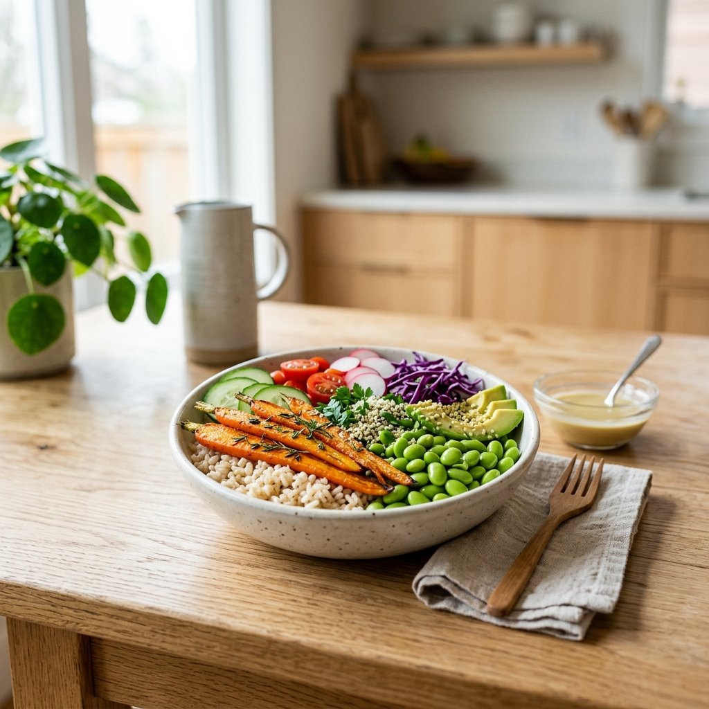 A bowl of edamame and brown rice topped with roasted carrots on a wooden table.