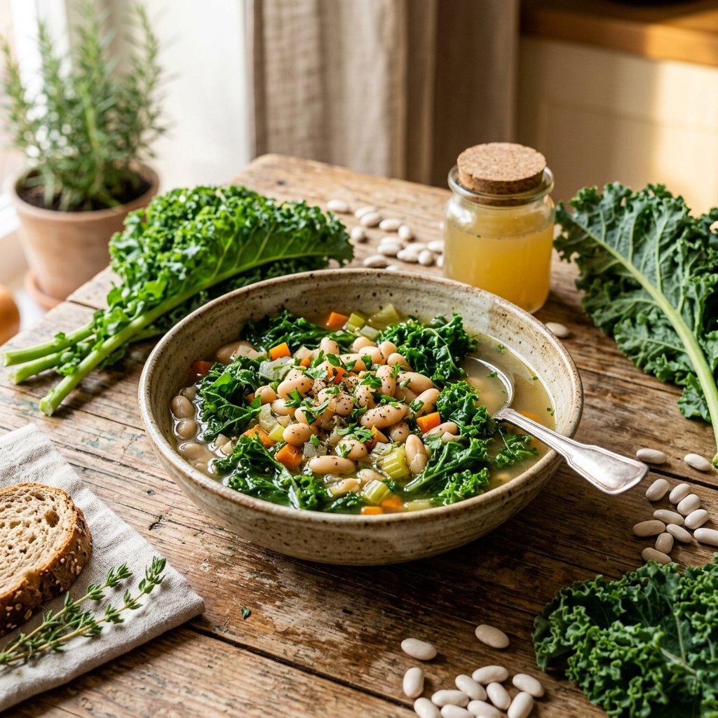 A bowl of white bean and kale stew on a wooden table with fresh ingredients around it.