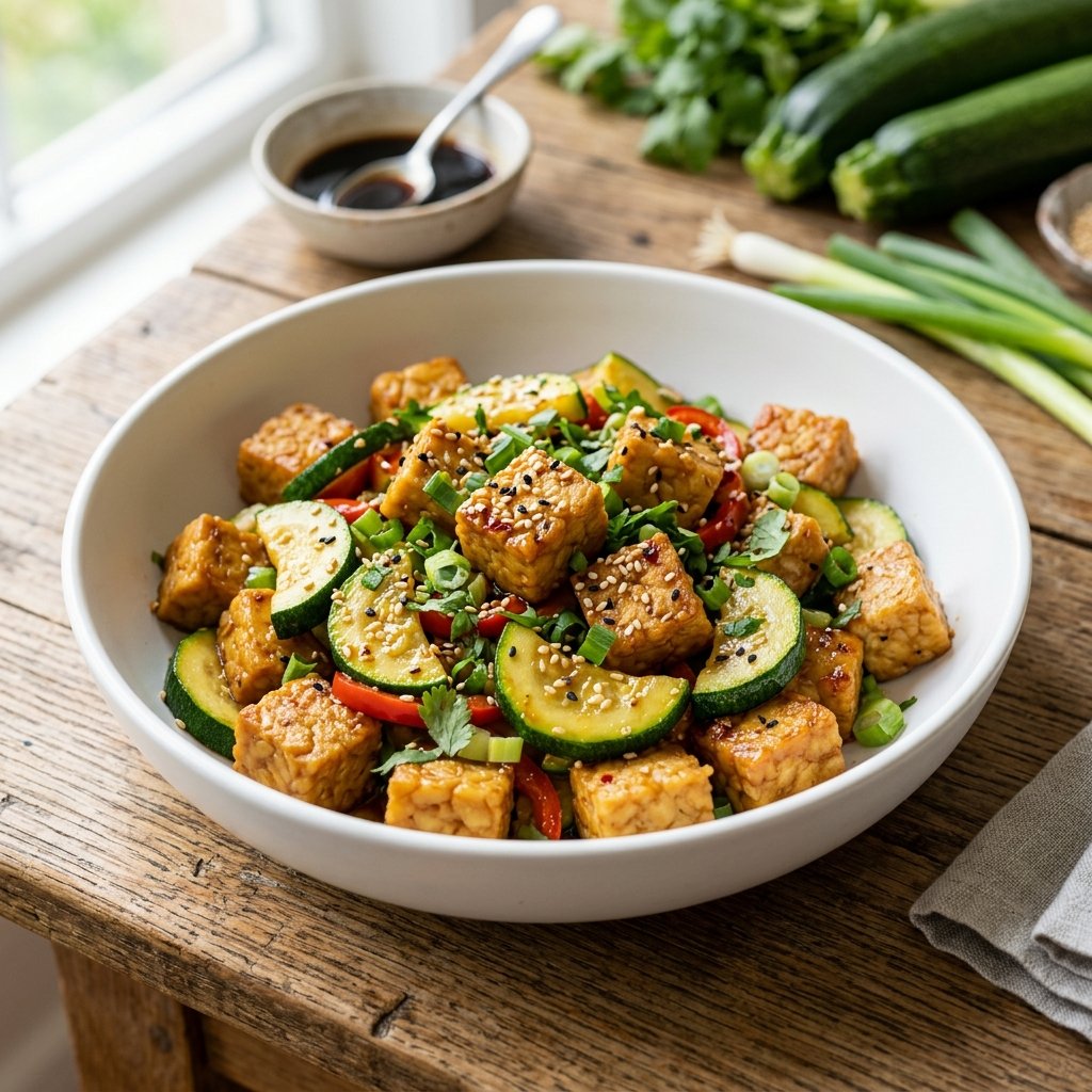A bowl of tempeh and zucchini stir-fry garnished with herbs and sesame seeds on a wooden table.