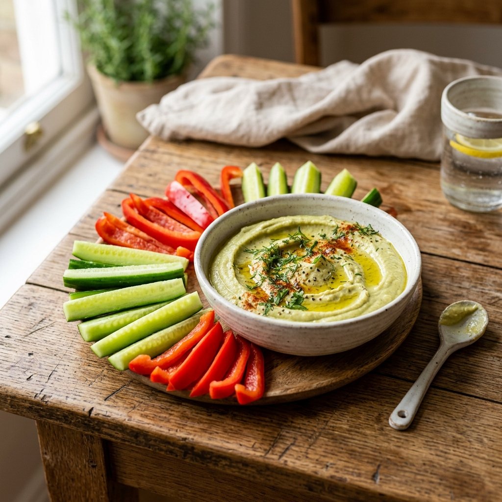 A bowl of pea protein hummus with cucumber and red bell pepper sticks arranged around it on a wooden surface.
