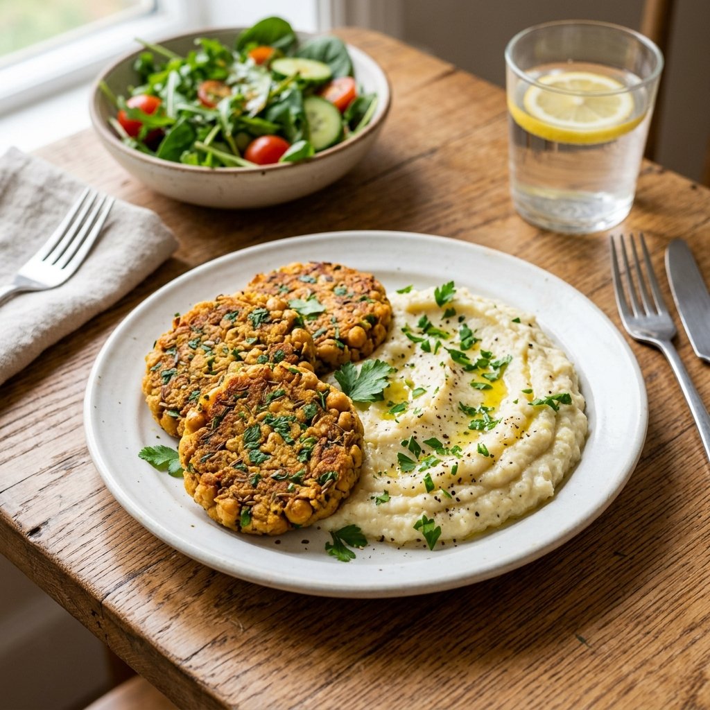 A plate with golden brown chickpea patties and creamy cauliflower mash garnished with parsley on a wooden table.