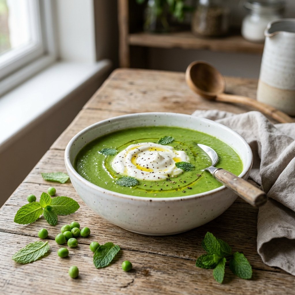 A bowl of green pea and mint soup with almond yogurt on top, garnished with fresh mint leaves on a wooden table.