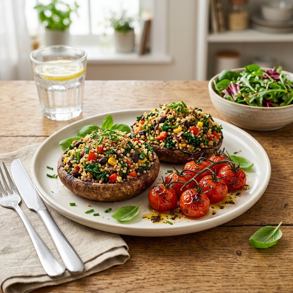 Two quinoa-stuffed portobello mushrooms with roasted cherry tomatoes on a white plate on a wooden table.