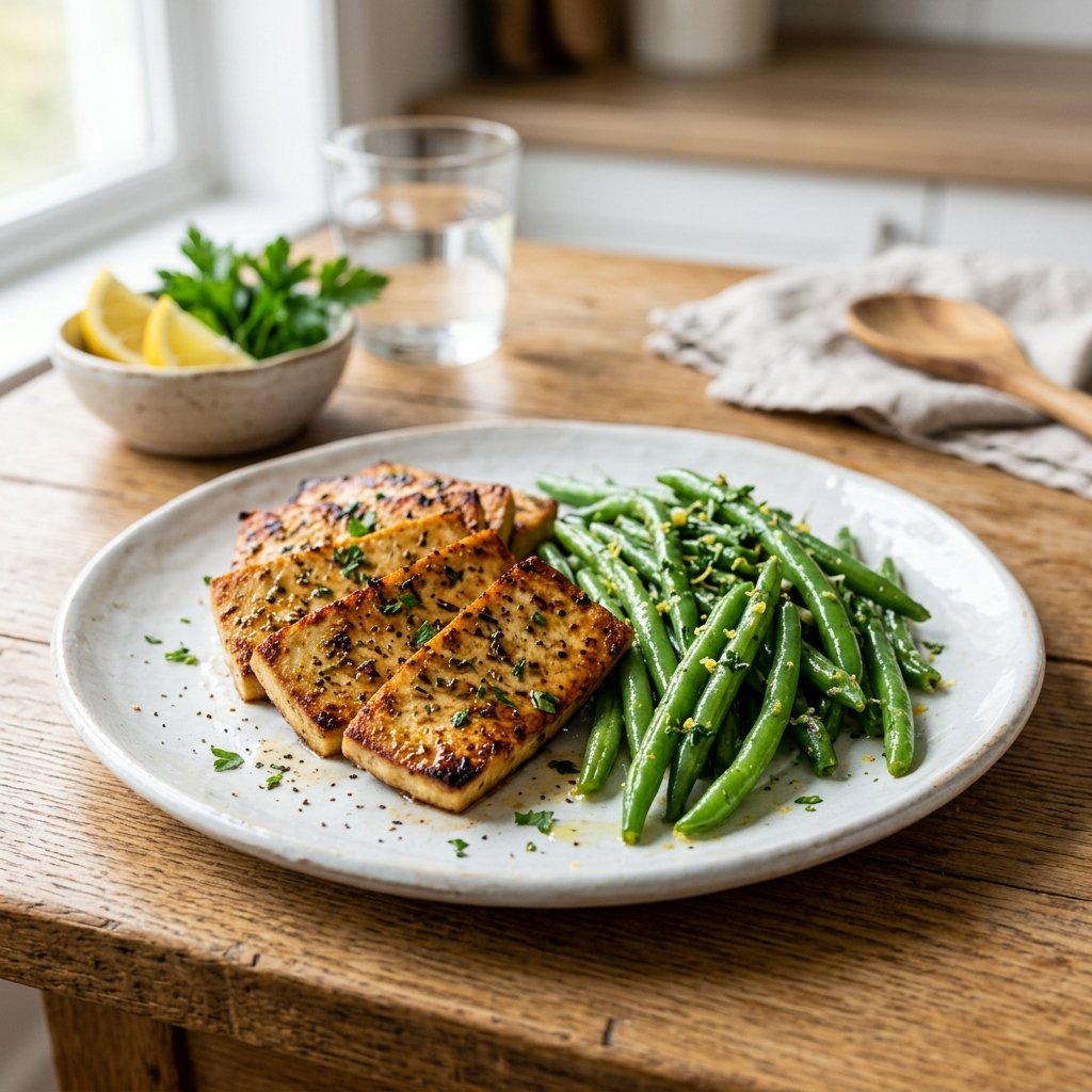 A plate of golden seared tofu served with lemon and herb green beans on a wooden table.