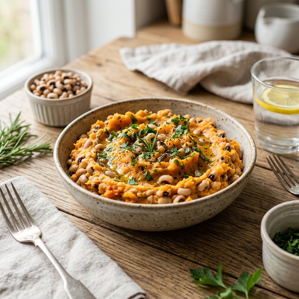 A bowl of black-eyed pea and sweet potato mash garnished with fresh herbs on a wooden table.