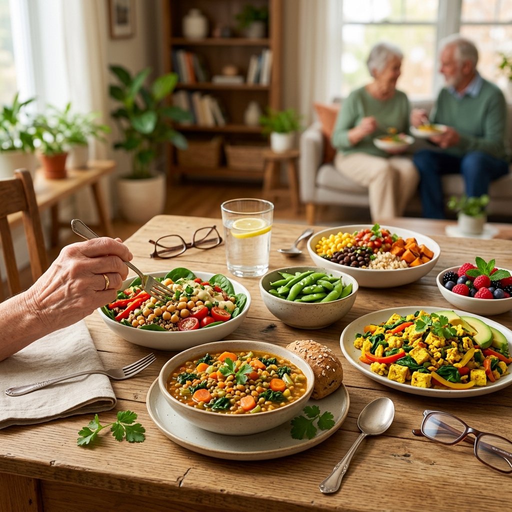 A table with various colorful vegan meals suitable for elderly people, featuring vegetables, legumes, and tofu.
