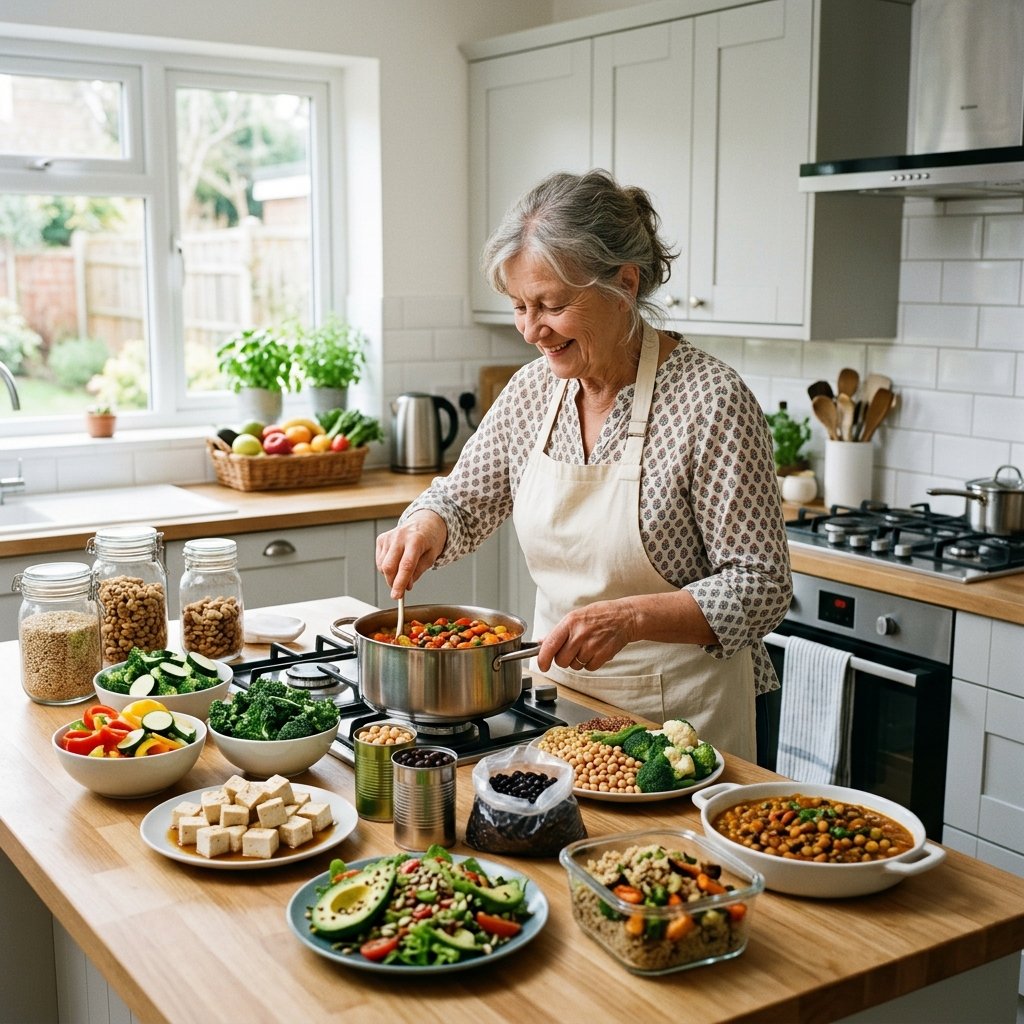 An elderly person preparing a healthy vegan meal with fresh vegetables and plant-based proteins in a bright kitchen.