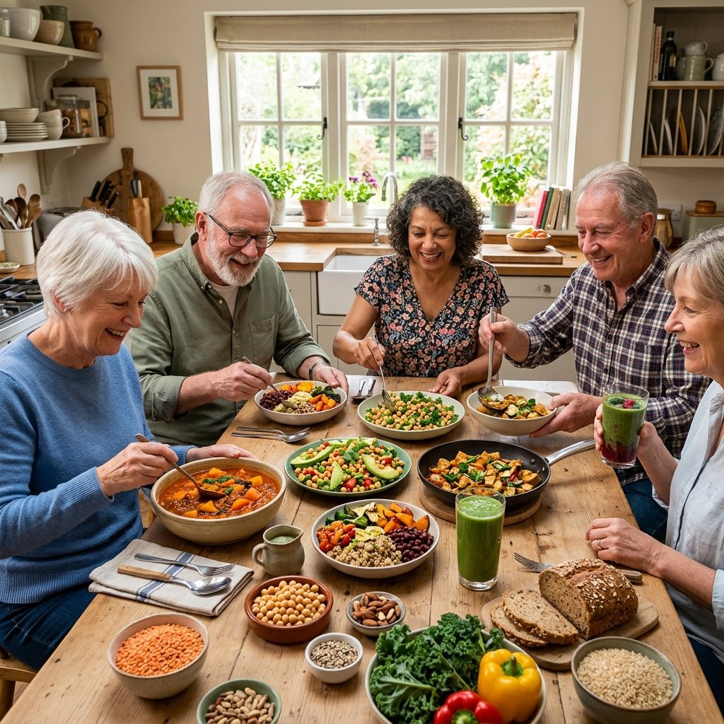 Senior adults enjoying a variety of colorful vegan meals with fresh vegetables and grains on a wooden table in a bright kitchen.