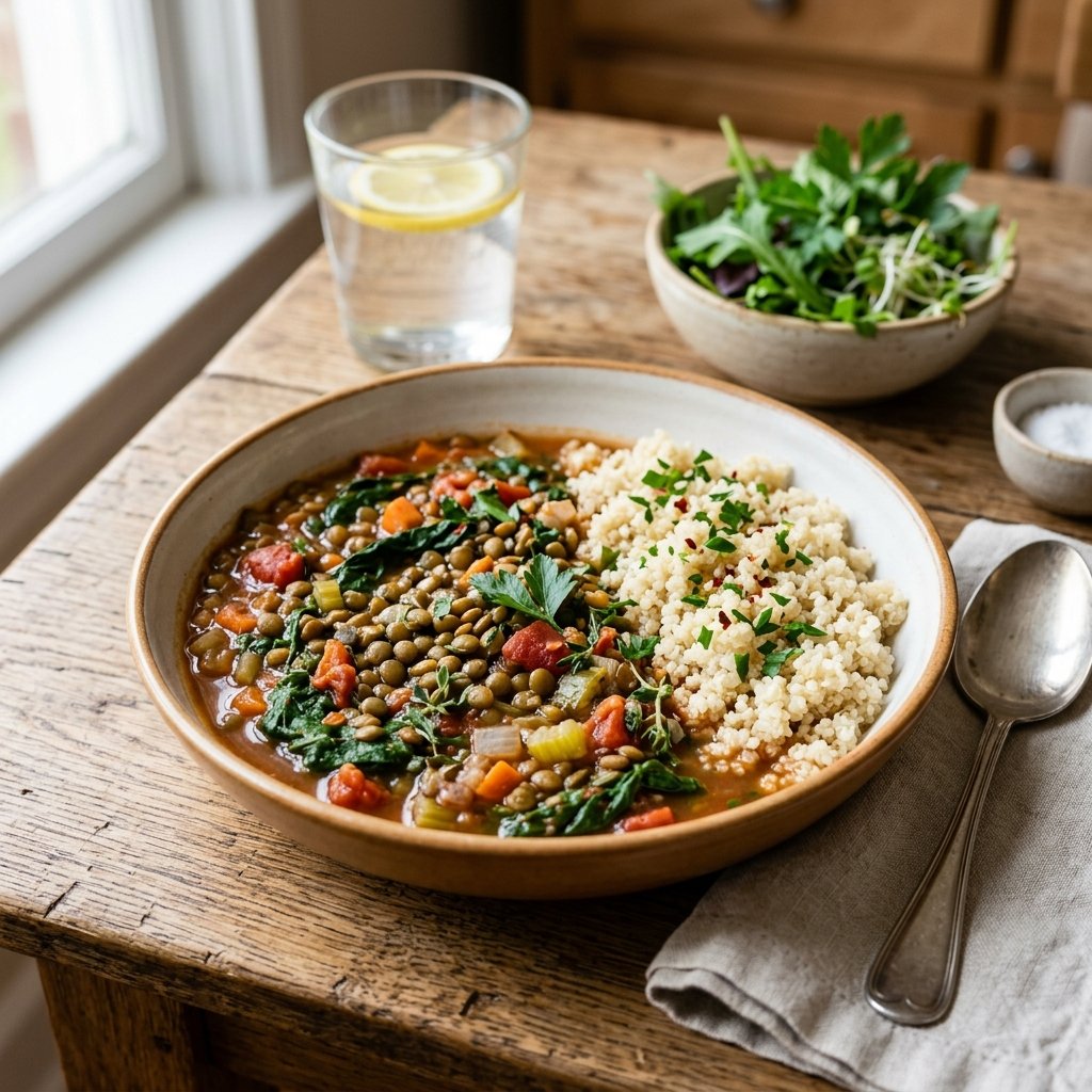 A bowl of lentil and spinach stew served with quinoa on a wooden table.
