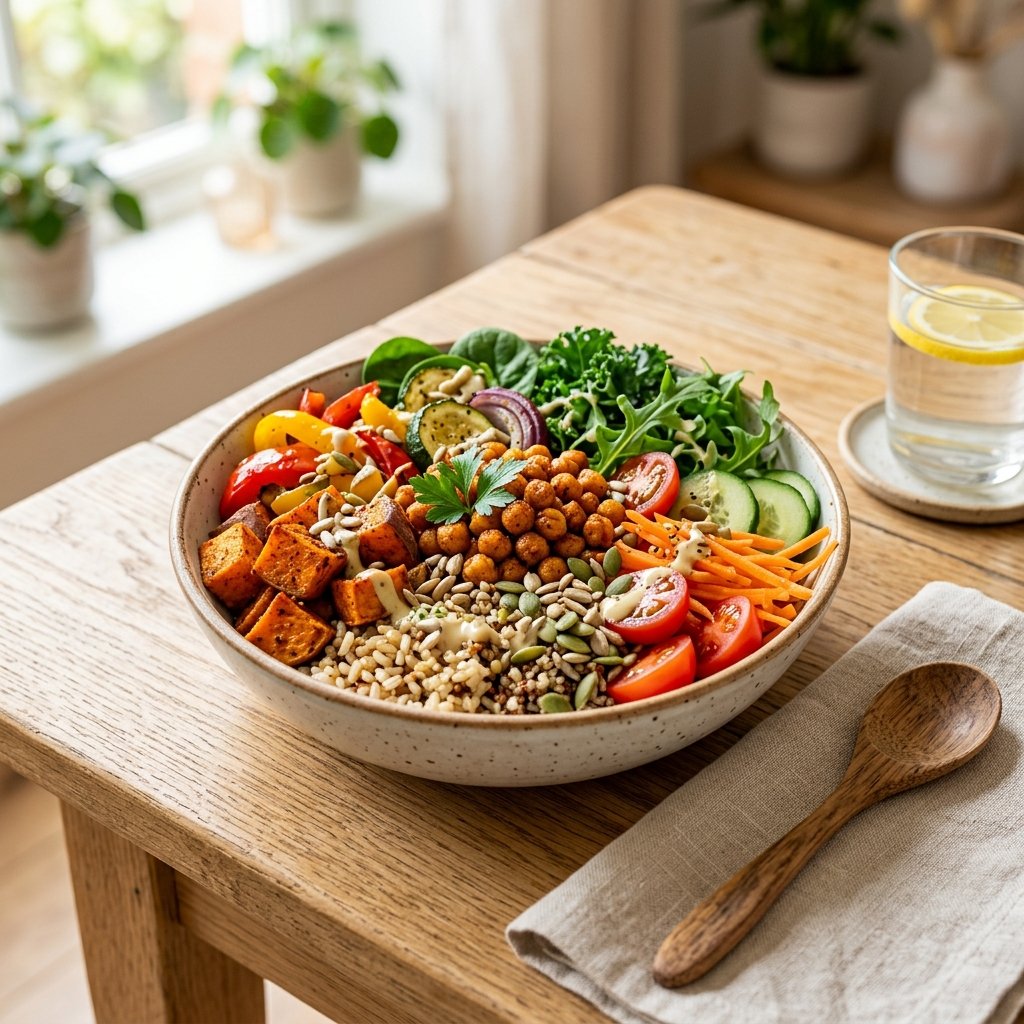 A bowl filled with chickpeas, roasted vegetables, and fresh greens on a wooden table with a spoon and glass of water nearby.