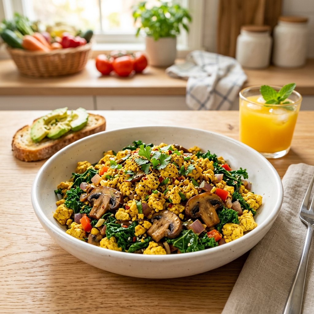 A bowl of tofu scramble with sautéed kale and mushrooms on a wooden table.