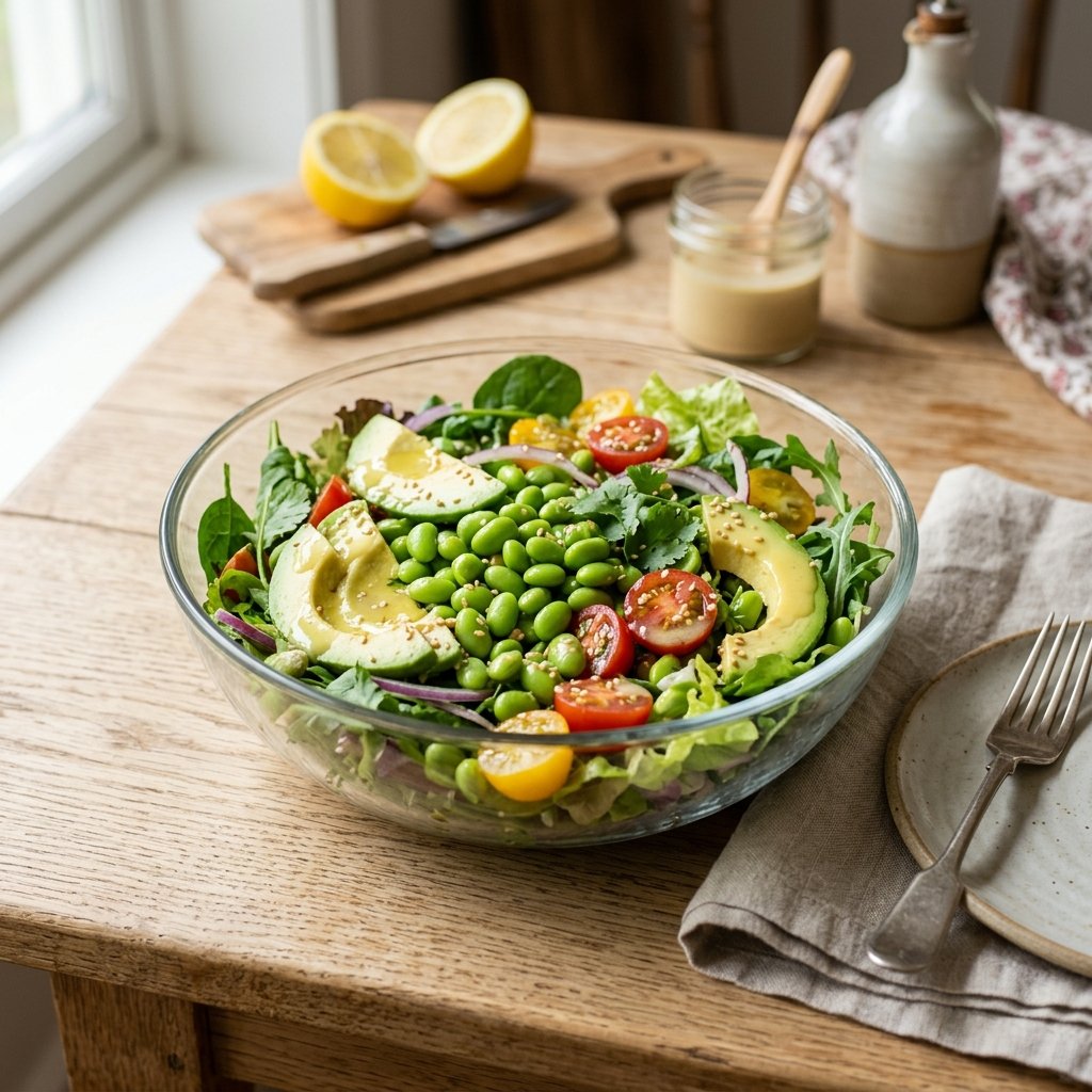 A bowl of edamame and avocado salad with lemon-tahini dressing on a wooden table, surrounded by kitchen items.