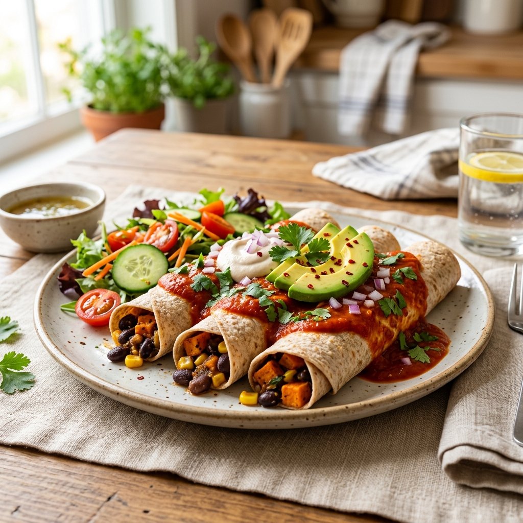A plate of black bean and sweet potato enchiladas topped with red sauce, avocado slices, and cilantro, served with a side salad on a table.
