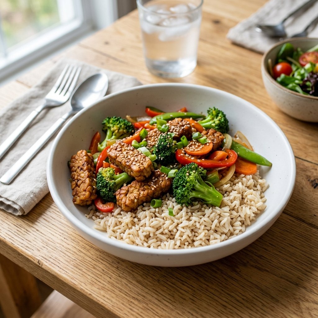 A bowl of tempeh and broccoli stir-fry with brown rice on a wooden table.