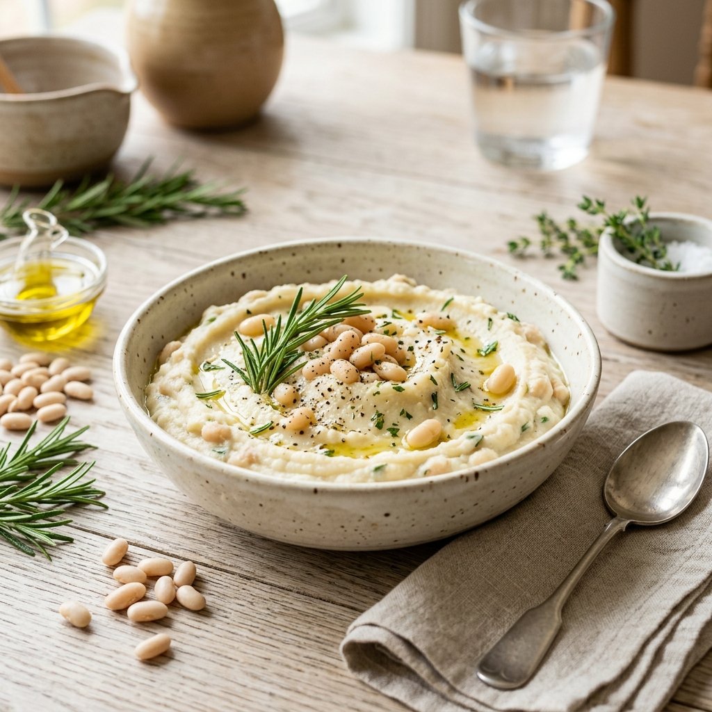 A bowl of creamy white bean and rosemary mashed cauliflower garnished with fresh rosemary on a wooden table.