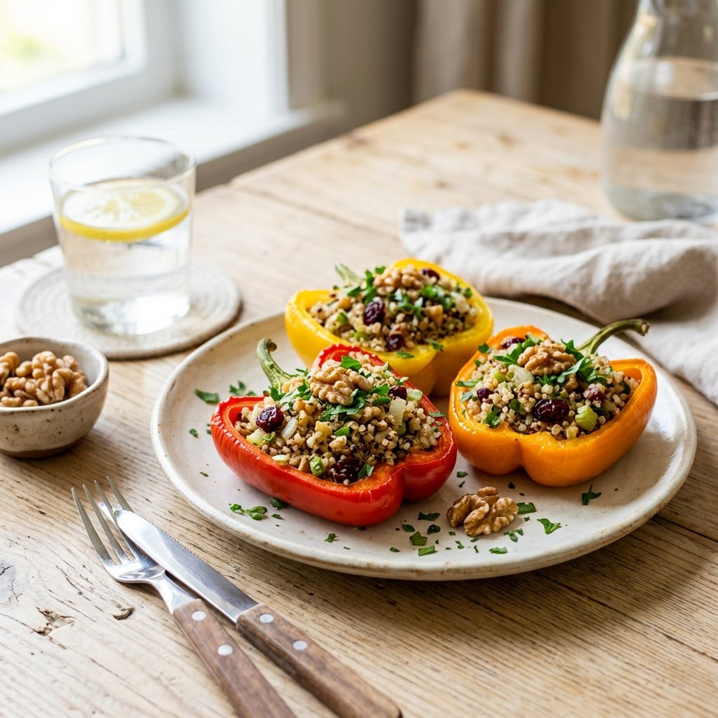 A plate with colorful bell peppers stuffed with quinoa, walnuts, and cranberries, garnished with fresh herbs.
