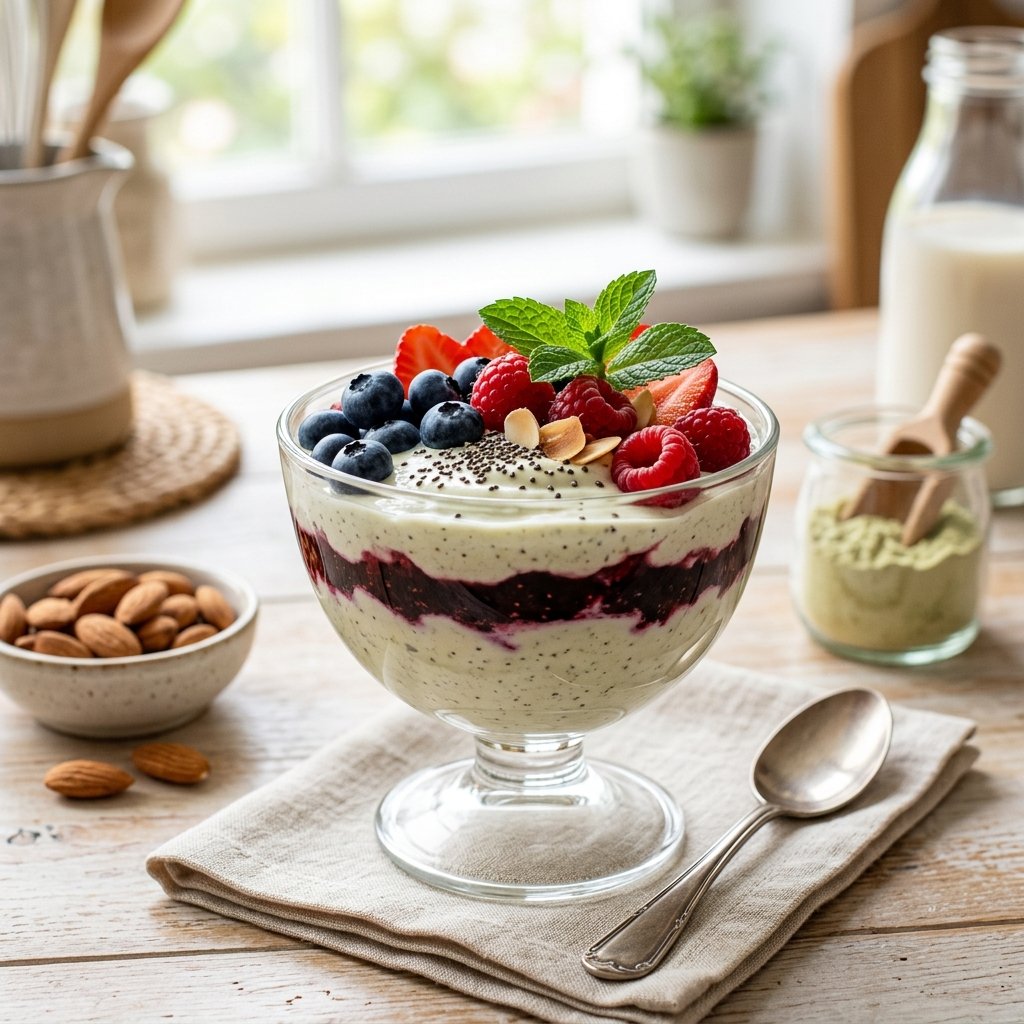 A glass bowl containing a layered parfait of almond yogurt, pea protein, and fresh berries, garnished with chia seeds and mint leaves on a kitchen countertop.