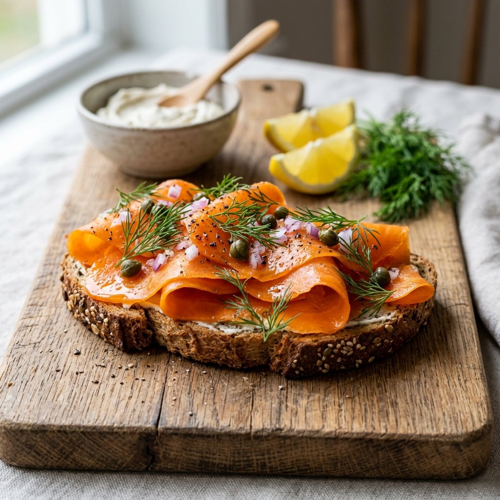 Close-up of smoked carrot slices on whole grain toast garnished with dill and capers, displayed on a wooden board with lemon wedges and herbs in the background.