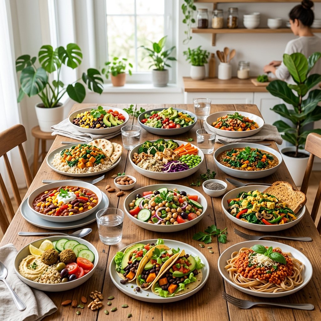 A table with a variety of colorful plant-based high-protein vegan meals arranged in bowls and plates, featuring beans, tofu, vegetables, and fresh herbs.