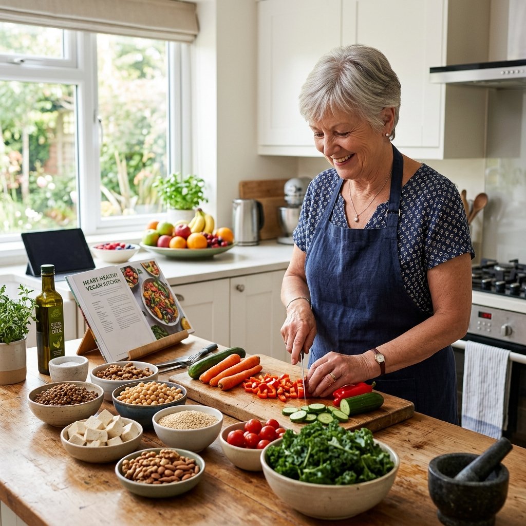 A senior person preparing a colorful vegan meal with fresh vegetables and high-protein ingredients in a bright kitchen.