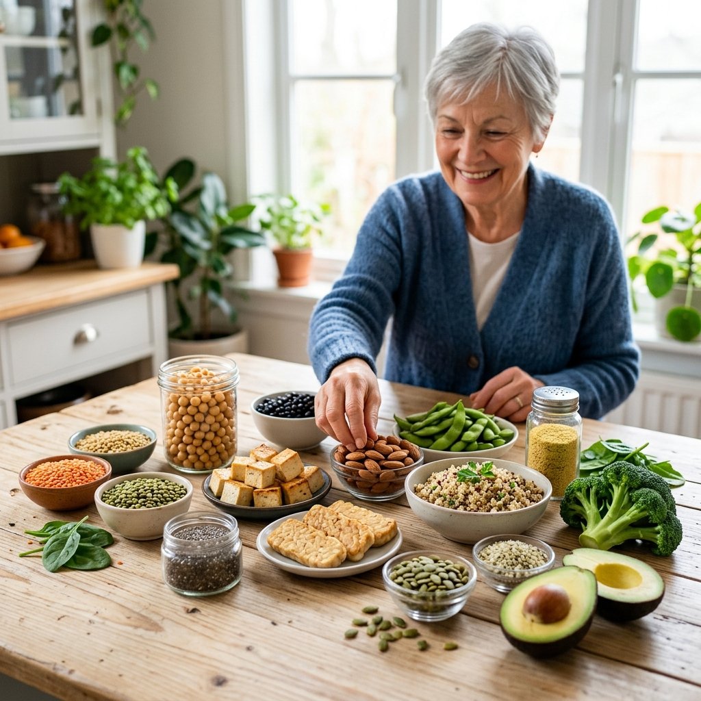 An assortment of high-protein vegan foods on a table with a smiling senior person reaching for some of the food.